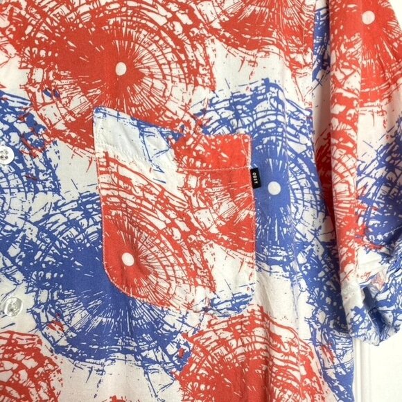 Obey Men's Button Front Collar Shirt Red White Blue Firecracker Size Medium - Picture 6 of 7